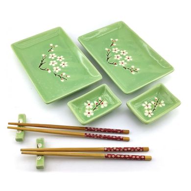 Сервиз для суши "Сакура на зеленом фоне" (2 персоны) (28х28,3х3,5 см), K334281N - фото товару