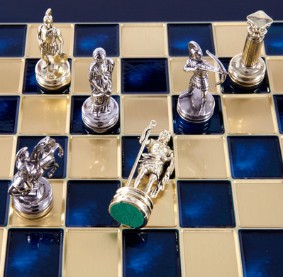 S15BLU шахи "Manopoulos", "Лучники", латунь, у дерев'яному футлярі, сині, 28х28см 3,2 кг, S15BLU - фото товару