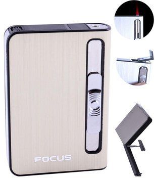 Портсигар + зажигалка на 10 сигарет FOCUS (Турбо пламя) №HL-149 Gold, №HL-149 Gold - фото товару