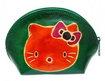 Кошелёк кожаный на змейке "Киска" Зелёный, K89040000O362837183 - фото товара
