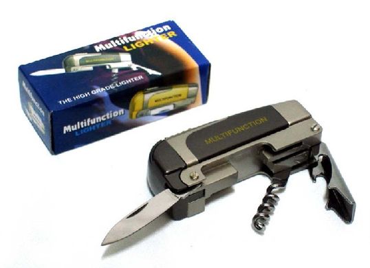 Запальничка кишенькова з ножем штопором і відкривачкою (гостре полум'я) №0648, №0648 - фото товару