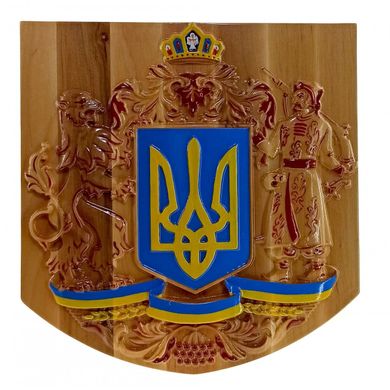 Панно"Герб Украины" деревянное резное (ольха),расписано вручную(28х29х1,5 см), K334107A - фото товара