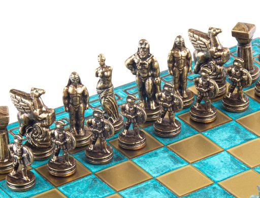 S16CMTIR шахи "Manopoulos", "Спартанський воїн", латунь, у дерев'яному футлярі, бірюзовий, 28х28см,, S16CMTIR - фото товару