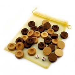 Фішки для нард із мішечком (д-28 мм, вис-10 мм) кубики в комплекті, колір натуральне дерево та коричневі., K334595A - фото товару
