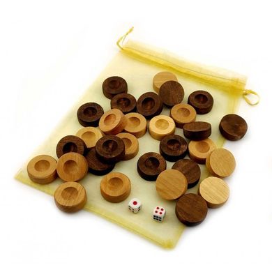 Фишки для нард с мешочком (д-28мм,выс-10мм) кубики в комплекте,цвет натуральное дерево и коричневые., K334595A - фото товара