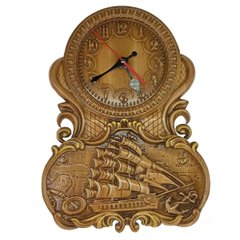 Панно дерев'яне, різьблене "Годинник з вітрильником", (40*29*2,2), ручний розпис емалями, вкрите патиною, K334212 - фото товару