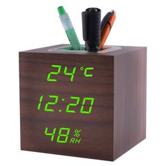 Часы сетевые VST-878S-4, зеленые, (корпус коричневый) температура, влажность, USB, SL7979 - фото товара