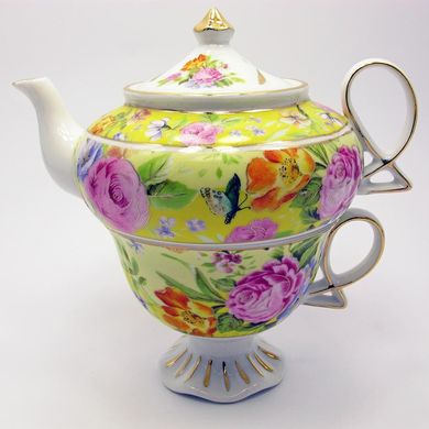 Сервіз фарфор (3TA1073-4) 1 чайник + 1 чашка "Квіти на жовтому тлі" (190 мл)(12 шт. в ящ.), K325678 - фото товару