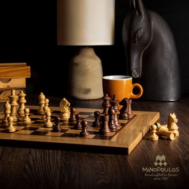 SW43B40H шахи "Manopoulos",Wooden Chess set Olive Burl Chessboard 40cm with Staunton Chessmen, SW43B40H - фото товару