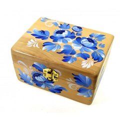 Шкатулка "Сині квіти", дерев'яна, ручний розпис (16×10×8 см), K334128 - фото товару