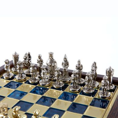 SK1BLU шахматы "Manopoulos", "Византийская империя", латунь, игровое поле на деревянном футляре, синие, фигуры золото/серебро, 20х20см, 1 кг, SK1BLU - фото товара