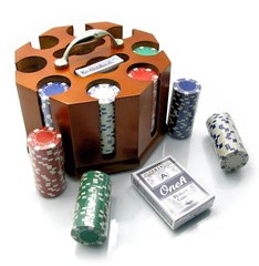 Покерный набор в деревянной подставке (200 фишек,2 колоды карт) (25х22х18 см), K319853 - фото товара