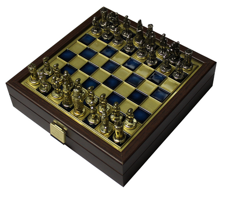 SKCBLU шахматы "Manopoulos", "Византийская империя", латунь, игровое поле на деревянном футляре, синие, фигуры золото/бронза, 20х20см, 1 кг, SK1CBLU - фото товара