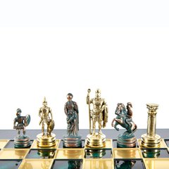 SK4AGRE шахматы "Manopoulos", "Греческая мифология", латунь, игровое поле на деревянном футляре, зелёные, фигуры золото, зелёная патина, 34х34см, 3 кг, SK4AGRE - фото товара