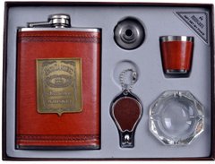 Подарунковий набір з флягою для чоловіків Jack Daniels шкіра+набійка (фляга,брелок,попільничка,стопка,лійка), AL701 - фото товару