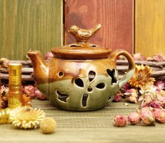 Аромалампа керамічна "Чайник з пташкою" Коричневий + салатовий, K89120190O621686633 - фото товару