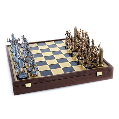 SK4BBLU шахматы "Manopoulos", "Греческая мифология", латунь, игровое поле на деревянном футляре, синие, фигуры броза/голубая патина, 34х34см, 3 кг, SK4BBLU - фото товара