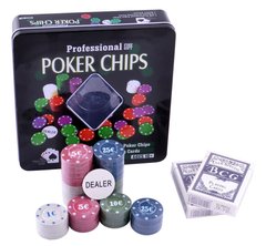 Покерный набор на 100 фишек с номиналом в металлической коробке №100T-2, №100T-2 - фото товара