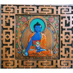 Панно "Будда медицины",деревянное ,резное, в рамке (40×45×2.2см),покрыто патиной,лаком, эмалями., K334273 - фото товара