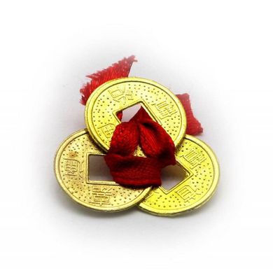 Монеты (3 шт)(1,5см) в кошелек золотые красная ленточка (100 шт/уп), K320695 - фото товара